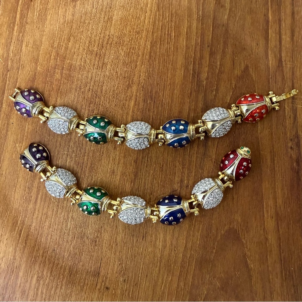 Gold Tone Lady Bug Multicolor Enamel/Pave Crystals Bracelet And Pin Set Unmarked